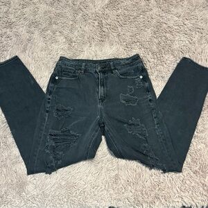 American Eagle Women Black Denim Distressed Mom Jeans
